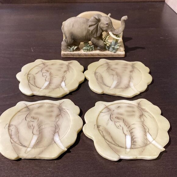 Hand painted Elephants Coaster Set of 4 and Holder - Picture 1 of 9